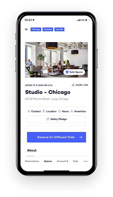 A screenshot of how to make a reservation at a coworking space in Chicago.