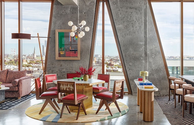 A coworking space with views of Brooklyn.